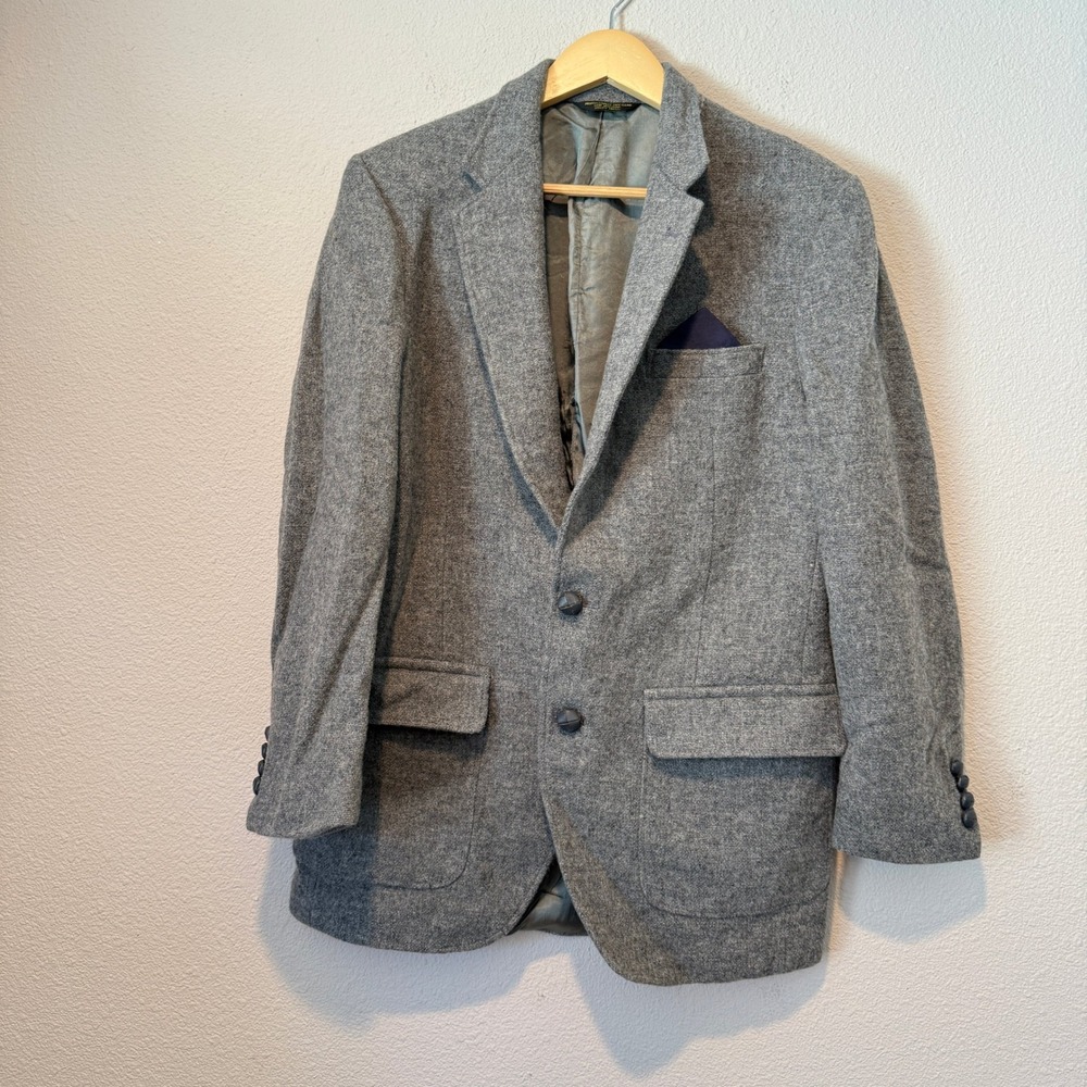 Vintage Man In Wool Mens Grey 100% Pure Wool Two Button Blazer Jacket